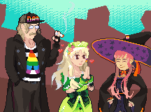 Several characters from the video game Atelier Ayesha. The surly old man in the group is wearing a 'gay ally' shirt and a hat which says 'DAD' in the lesbian flag colours.